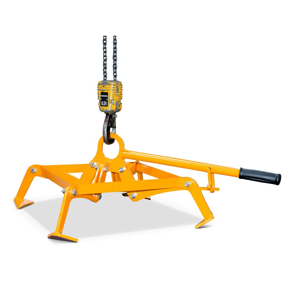 Produktabbildung: Bauer® Fassgreifer, 4-Punkt-Spannsystem, für 220-Liter-Fässer, gelborange