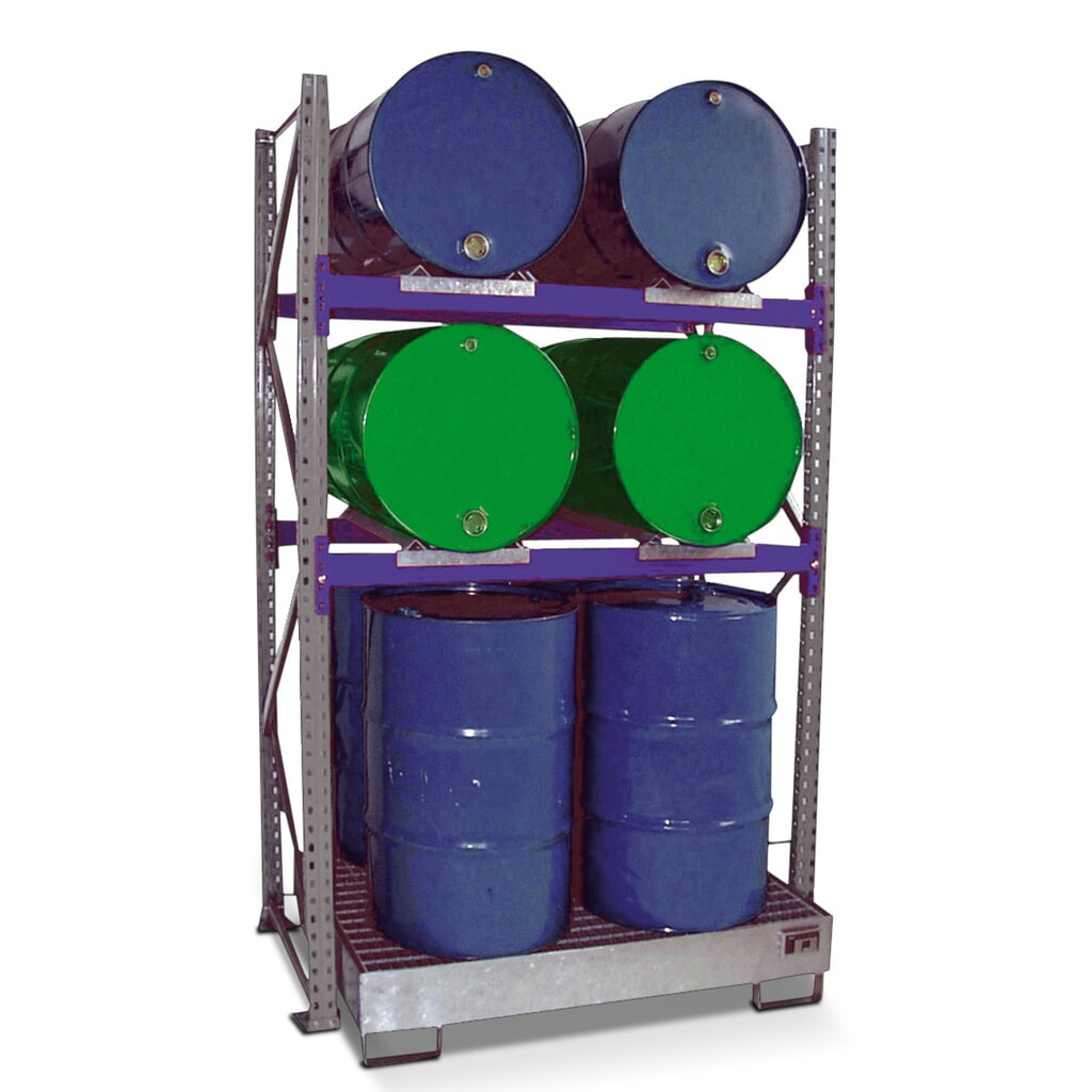 Bauer® Fassregal inkl. Auffangwanne, GF, 2 Ebenen, inkl. Gitterrost, 4x 200 l liegend / 4x 200 l stehend Produktabbildung: Bauer® Fassregal inkl. Auffangwanne, GF, 2 Ebenen, inkl. Gitterrost, 4x 200 l liegend / 4x 200 l stehend