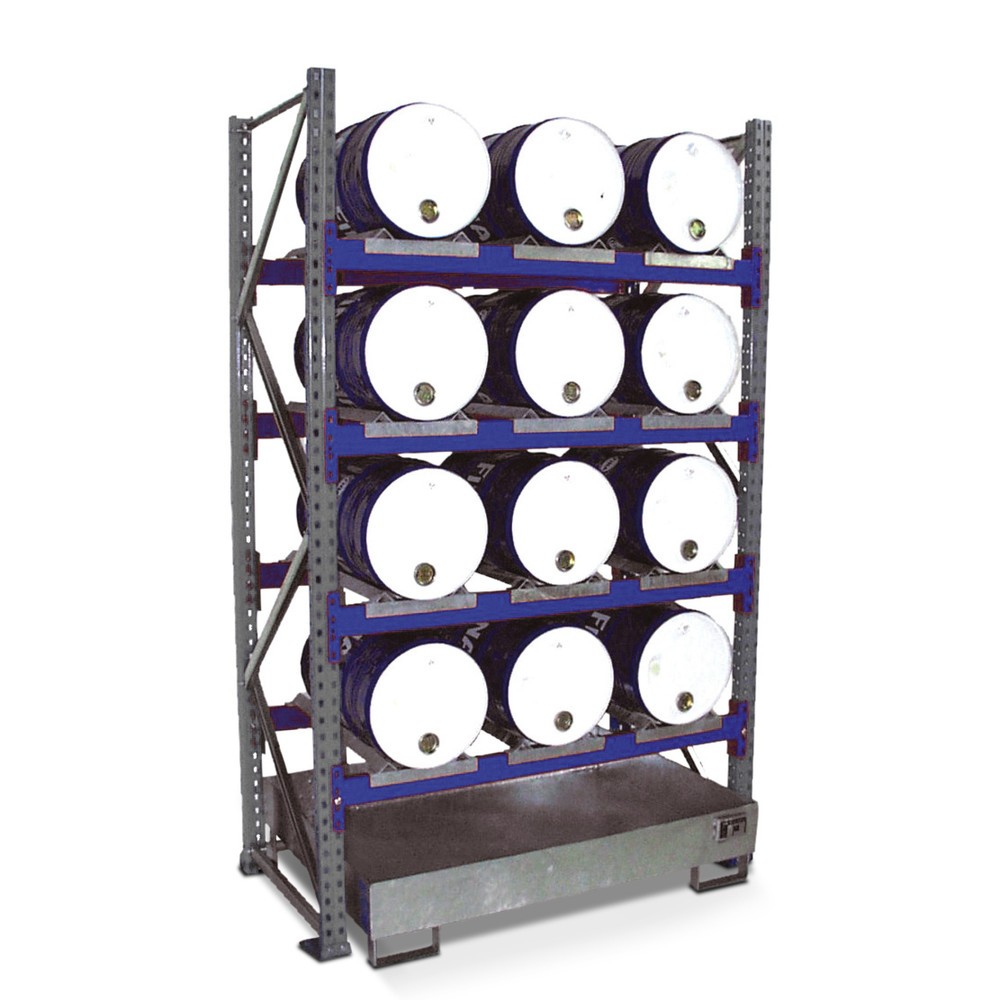 Produktabbildung: Bauer® Fassregal inkl. Auffangwanne, GF, 4 Ebenen, ohne Gitterrost, 12x 60 l liegend