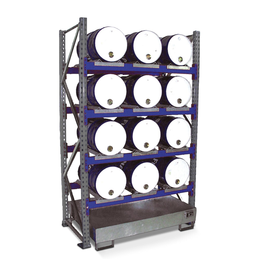 Produktabbildung: Bauer® Fassregal inkl. Auffangwanne, GF, 4 Ebenen, ohne Gitterrost, 12x 60 l liegend