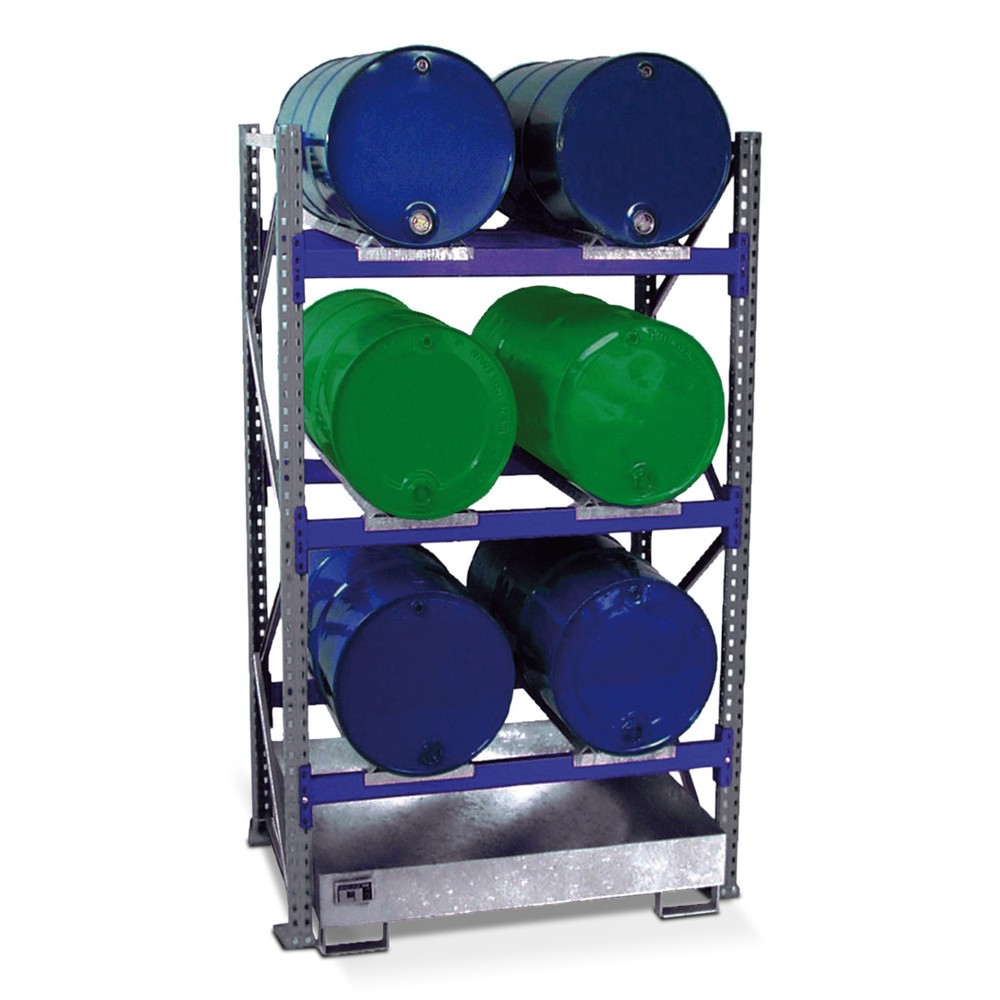 Produktabbildung: Bauer® Fassregal inkl. Auffangwanne, GF, 3 Ebenen, ohne Gitterrost, 6x 200 l liegend