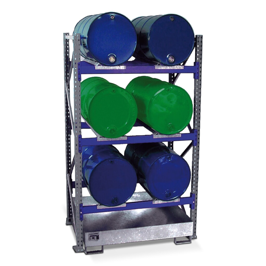 Bauer® Fassregal inkl. Auffangwanne, GF, 3 Ebenen, ohne Gitterrost, 6x 200 l liegend Produktabbildung: Bauer® Fassregal inkl. Auffangwanne, GF, 3 Ebenen, ohne Gitterrost, 6x 200 l liegend