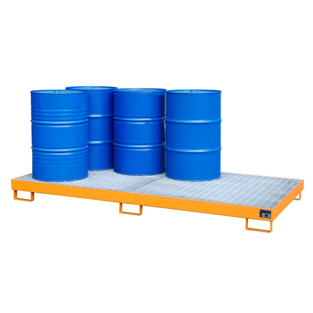 Bauer® Großvolumen-Auffangwanne aus Stahl, HxBxT 210 x 2.650 x 1.300 mm, 8x 200 l, gelborange Produktabbildung: Bauer® Großvolumen-Auffangwanne aus Stahl, HxBxT 210 x 2.650 x 1.300 mm, 8x 200 l, gelborange