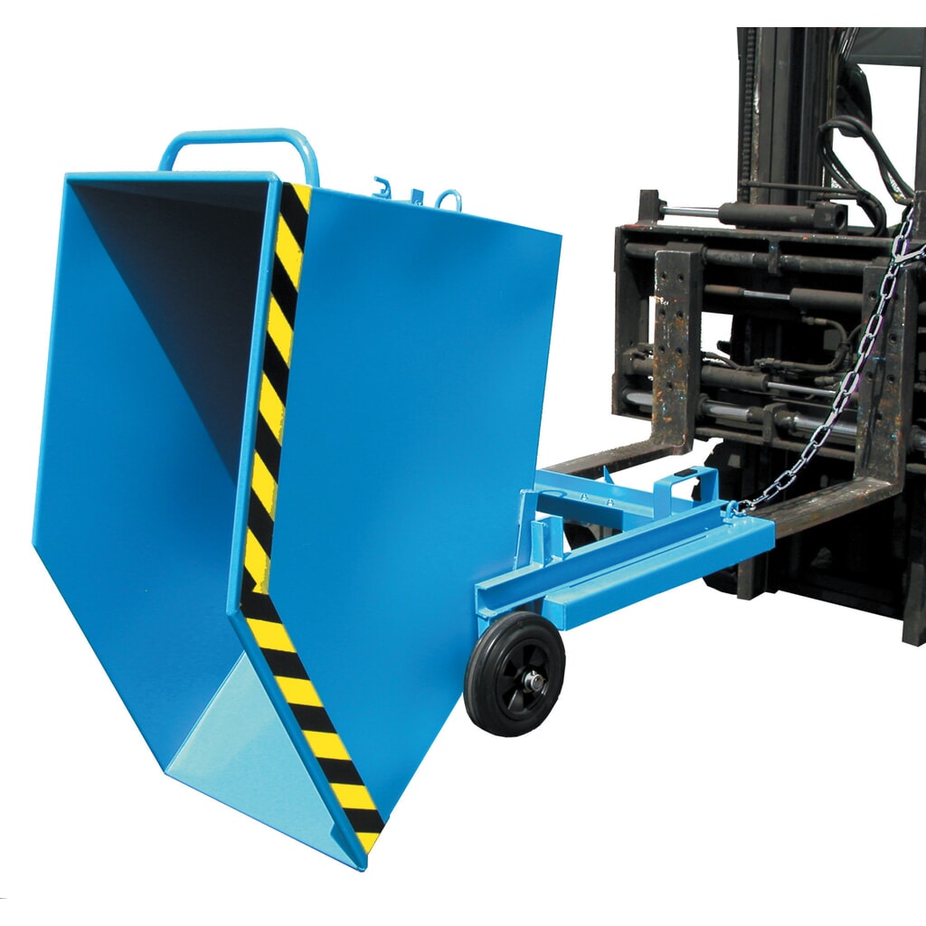 Bauer® Kastenwagen kippbar, mit Fahrwerk + Gabeltaschen, Volumen 0,6 m³, RAL 5012 lichtblau Produktabbildung: Bauer® Kastenwagen kippbar, mit Fahrwerk + Gabeltaschen, Volumen 0,6 m³, RAL 5012 lichtblau