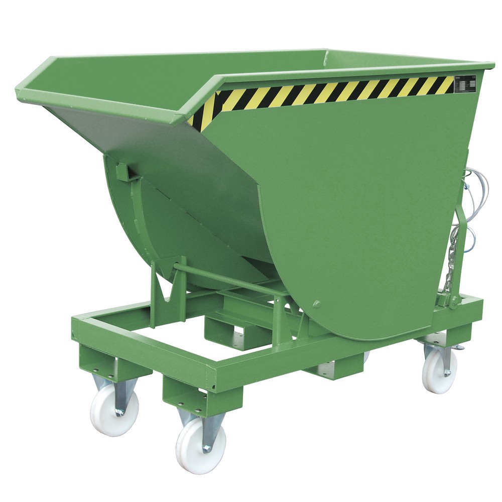 Produktabbildung: Bauer® Kippbehälter mit Abrollmechanik Premium, tiefe Bauform, lackiert, ohne Deckel, Volumen 0,5 m³, RAL 6011 resedagrün
