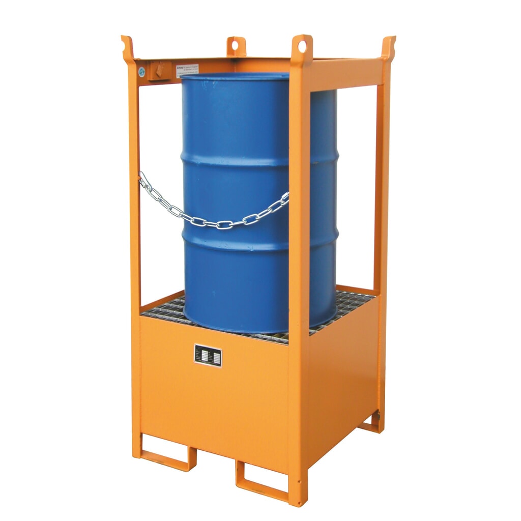 Bauer® Lager-/Transportpalette auf Auffangwanne, HxBxT 1.590 x 760 x 760 mm, offen, gelborange Produktabbildung: Bauer® Lager-/Transportpalette auf Auffangwanne, HxBxT 1.590 x 760 x 760 mm, offen, gelborange