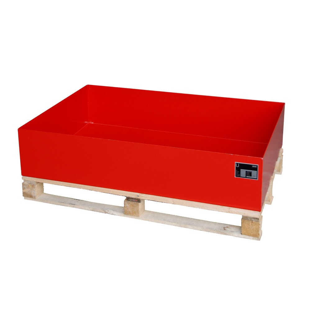 Bauer® Auffangwanne aus Stahl, Aufsatz für Euro- oder Chemiepaletten, HxBxT 260 x 1.200 x 800 mm, ohne Gitterrost, feuerrot Produktabbildung: Bauer® Auffangwanne aus Stahl, Aufsatz für Euro- oder Chemiepaletten, HxBxT 260 x 1.200 x 800 mm, ohne Gitterrost, feuerrot