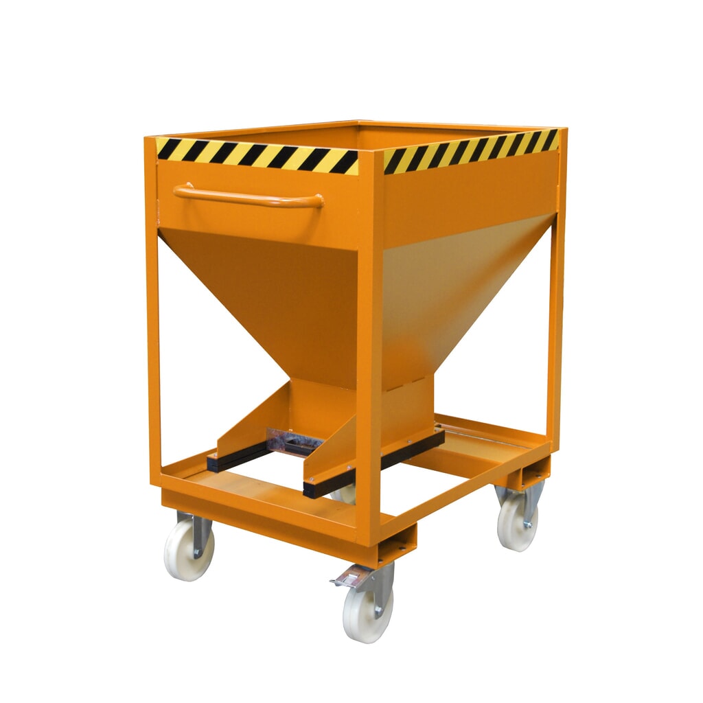Bauer® Silobehälter, mit Schiebeverschluss, Gabeltaschen + Rollen, lackiert, Volumen 0,375 m³, RAL 2000 gelborange Produktabbildung Nr. 1: Bauer® Silobehälter, mit Schiebeverschluss, Gabeltaschen + Rollen, lackiert, Volumen 0,375 m³, RAL 2000 gelborange