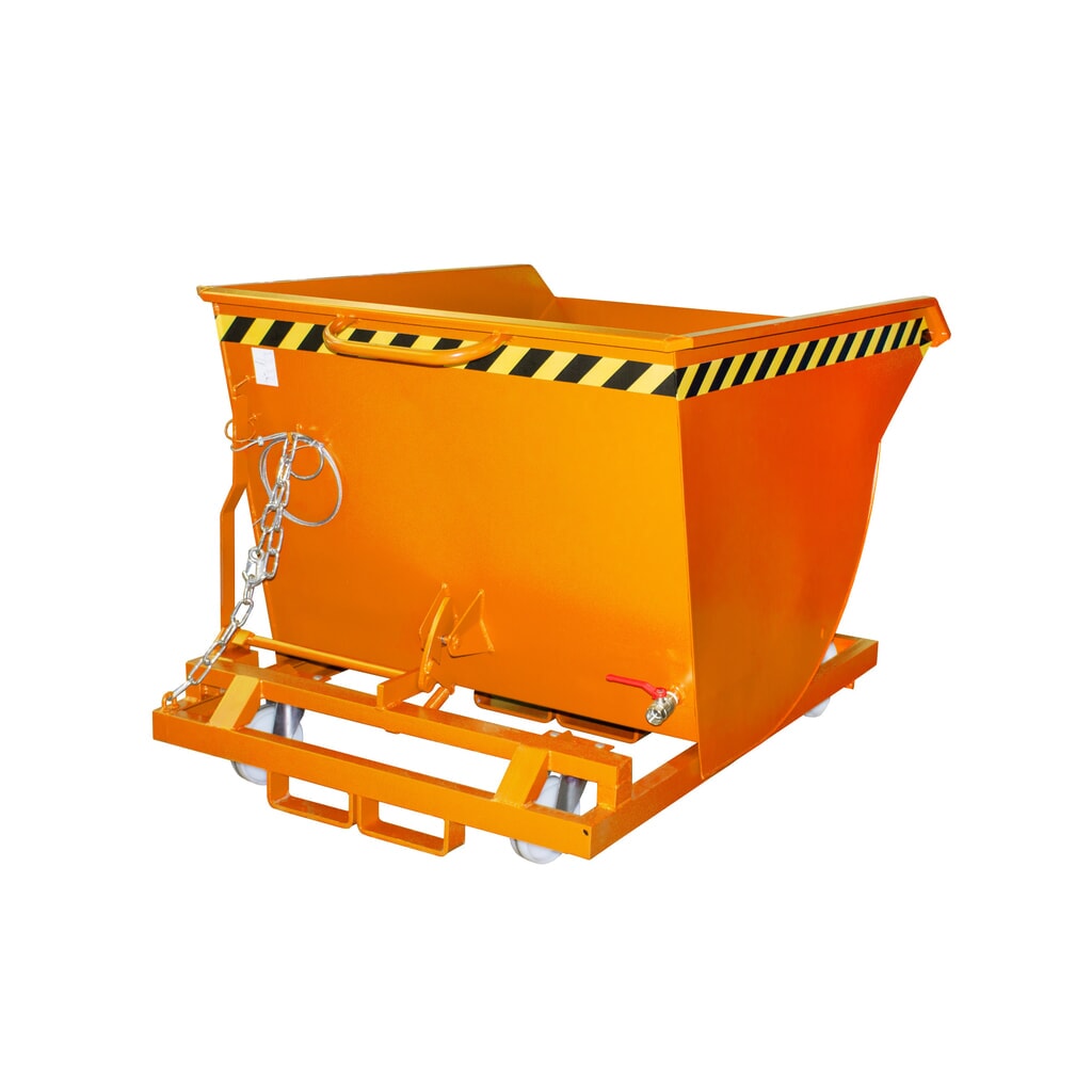 Bauer® Späne-Kippbehälter mit Abrollmechanik und Rollensatz, niedrige Bauhöhe, mit Einfahrtaschen, lackiert, Volumen 0,5 m³, RAL 2000 gelborange Produktabbildung: Bauer® Späne-Kippbehälter mit Abrollmechanik und Rollensatz, niedrige Bauhöhe, mit Einfahrtaschen, lackiert, Volumen 0,5 m³, RAL 2000 gelborange
