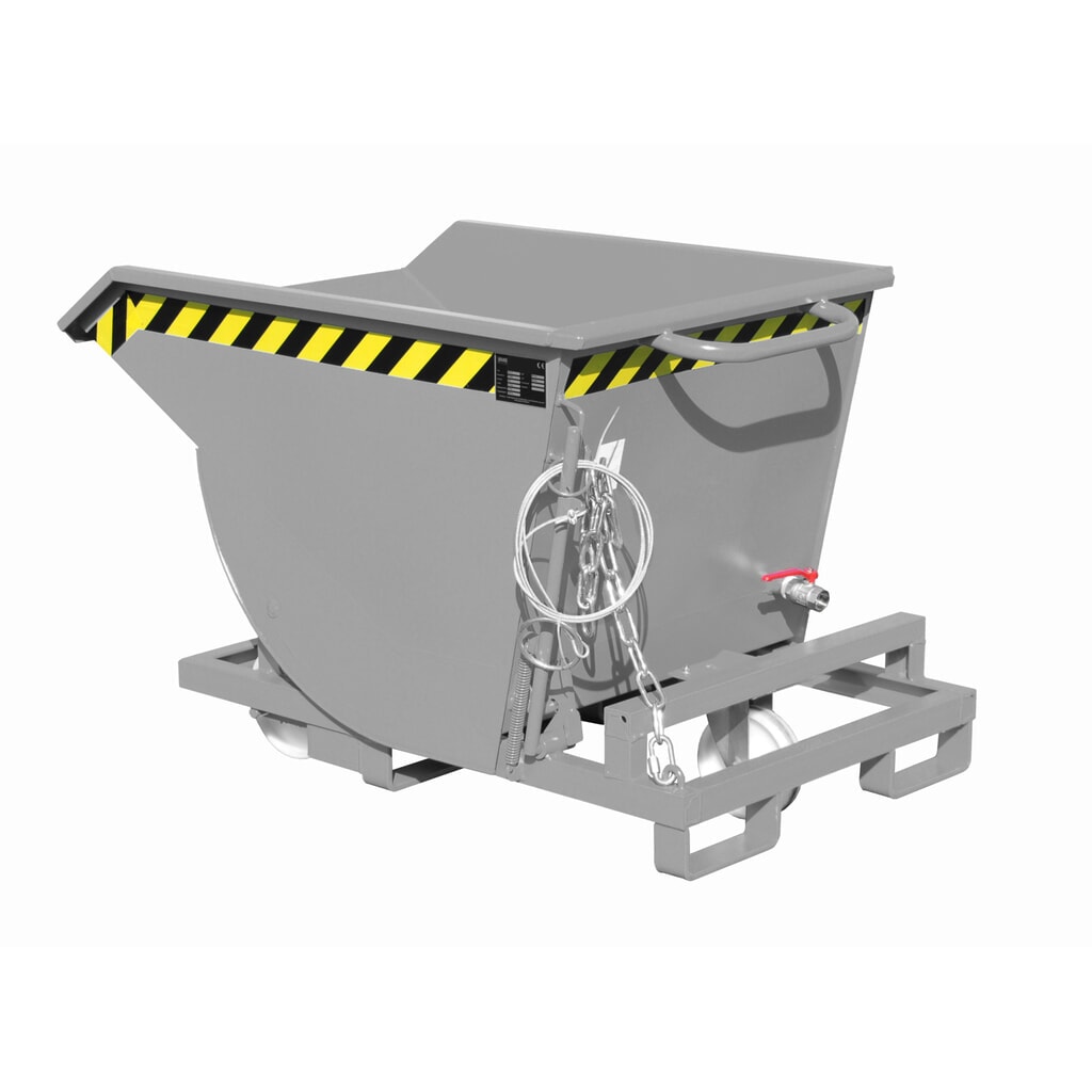 Produktabbildung: Bauer® Späne-Kippbehälter mit Abrollmechanik und Rollensatz, niedrige Bauhöhe, mit Einfahrtaschen, lackiert, Volumen 0,3 m³, RAL 7005 mausgrau