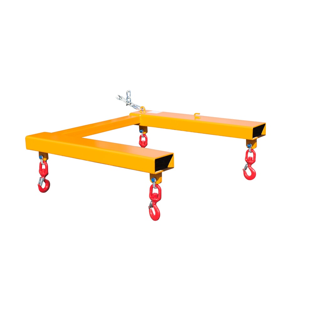 Bauer® Traverse für BIG BAG, Stapleraufnahme mit 4 Wirbellasthaken, TK 1.250 kg, lackiert, RAL 2000 gelborange Produktabbildung: Bauer® Traverse für BIG BAG, Stapleraufnahme mit 4 Wirbellasthaken, TK 1.250 kg, lackiert, RAL 2000 gelborange