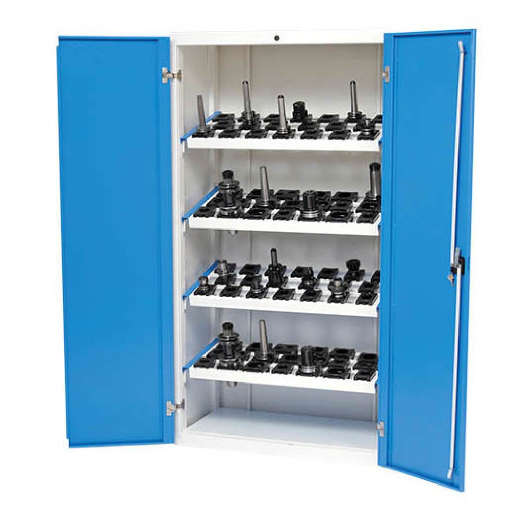 Produktabbildung: Bedrunka+Hirth CNC-Flügeltürenschrank, HxBxT 1.838 x 980 x 500 mm, lichtgrau, lichtblau, mit 4 CNC-Werkzeugaufnahmerahmen