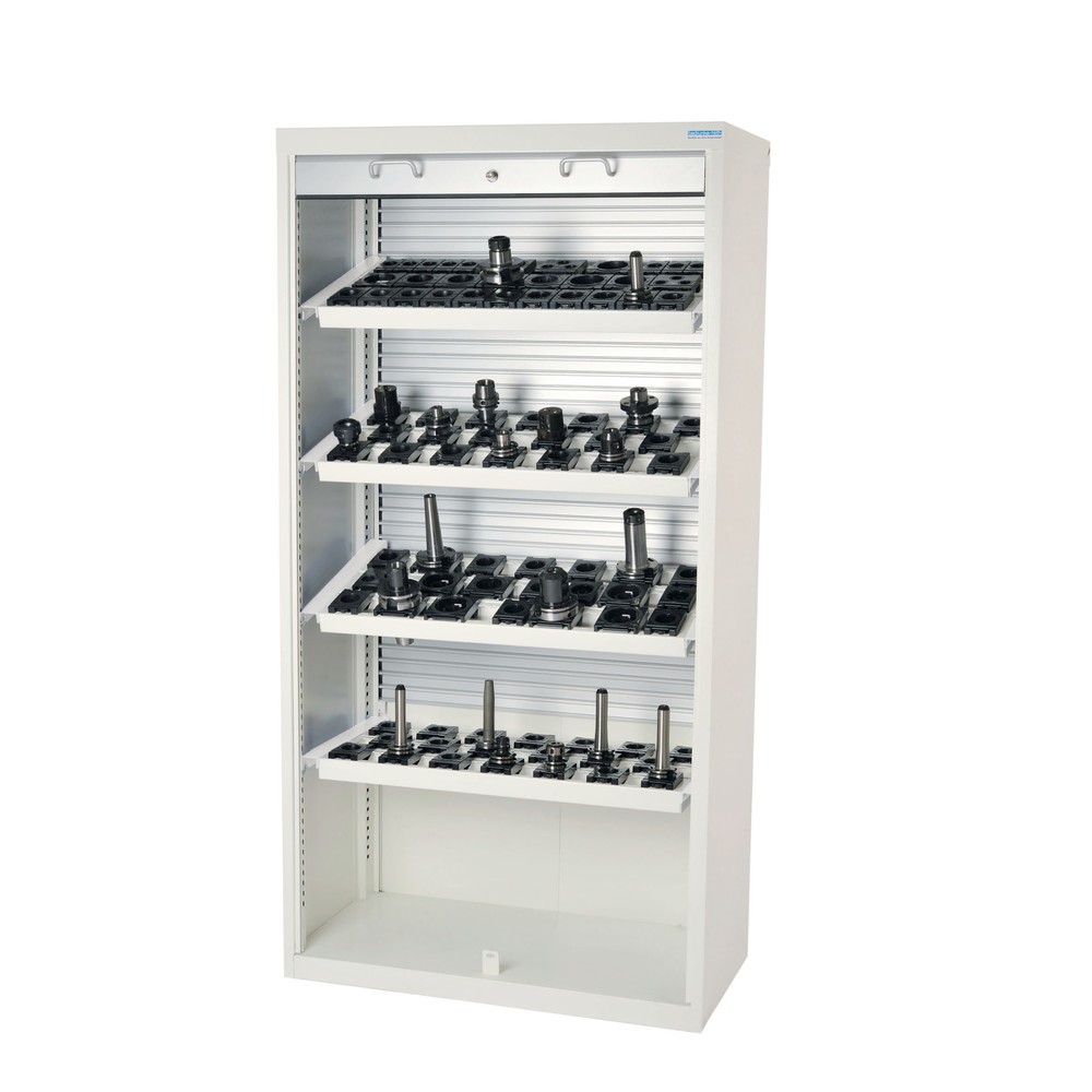 Produktabbildung: Bedrunka+Hirth Hochschrank für CNC-Werkzeuge mit Aluminiumrollladen, HxBxT 1.950 x 1.000 x 500 mm, Werkzeugeinsatz SK 50 (64 Stück)