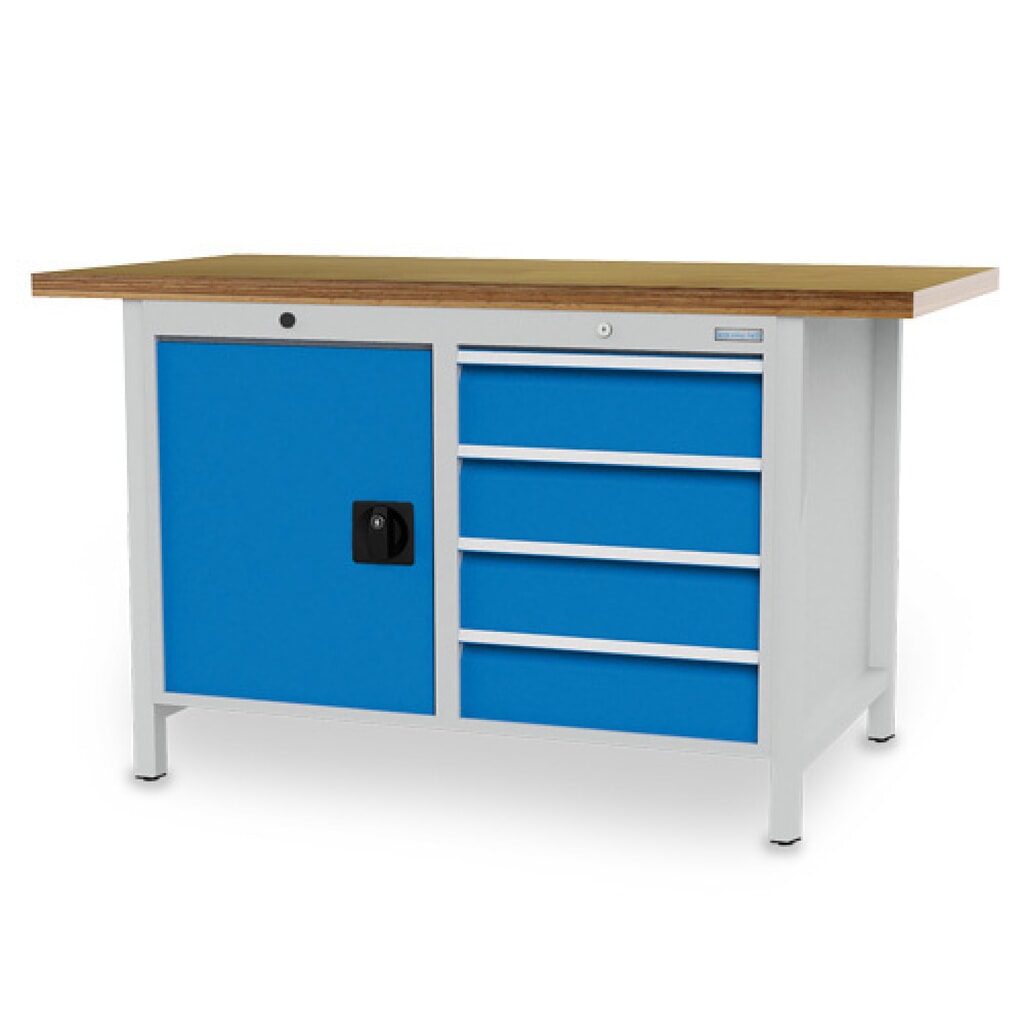Produktabbildung: Bedrunka+Hirth Kastenwerkbank R 18-24, HxBxT 859 x 1.500 x 750 mm, lichtgrau, lichtblau, 4 Schubladen 4x150 mm, 1 Flügeltür 1x600 mm