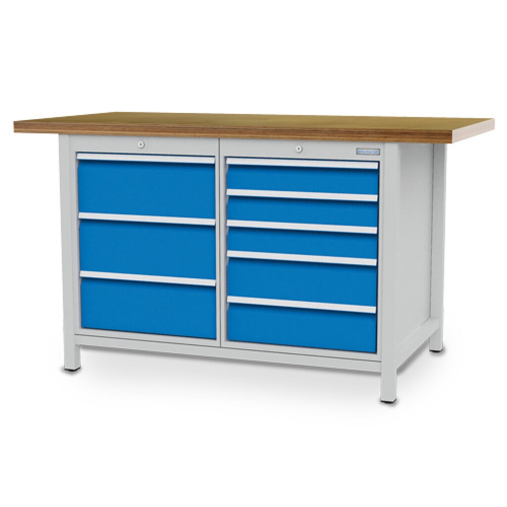 Produktabbildung: Bedrunka+Hirth Kastenwerkbank R 18-24, HxBxT 859 x 1.500 x 750 mm, lichtgrau, lichtblau, 8 Schubladen 3x200 + 3x100 + 2x150 mm