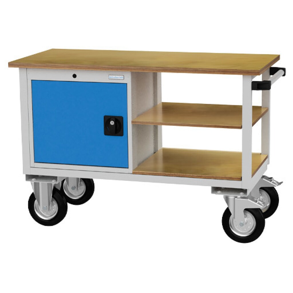 Bedrunka+Hirth Mobile Werkbank R 18-16, HxBxT 820 x 1.200 x 540 mm, lichtgrau, lichtblau, 2 Fachböden, 1 Flügeltür 1x400 mm Produktabbildung: Bedrunka+Hirth Mobile Werkbank R 18-16, HxBxT 820 x 1.200 x 540 mm, lichtgrau, lichtblau, 2 Fachböden, 1 Flügeltür 1x400 mm