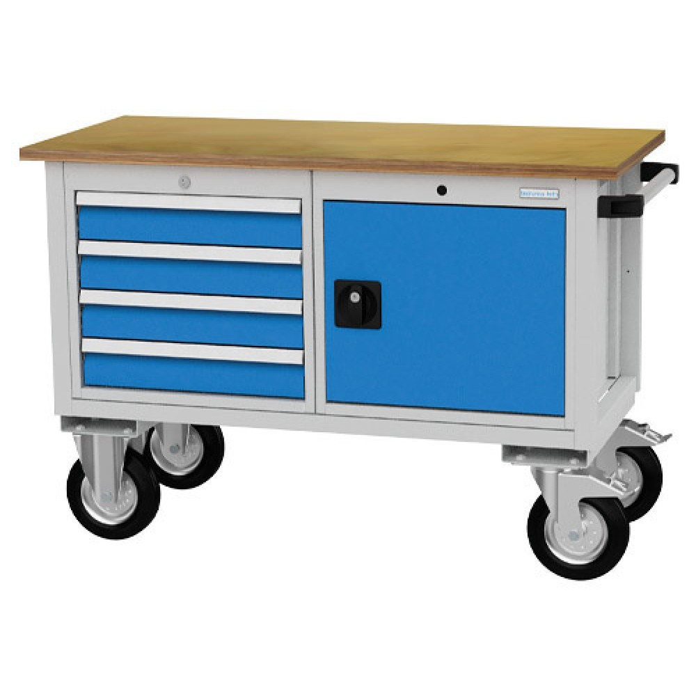Produktabbildung Nr. 1: Bedrunka+Hirth Mobile Werkbank R 18-16, HxBxT 820 x 1.200 x 540 mm, lichtgrau, lichtblau, 4 Schubladen 4x100 mm, 1 Flügeltür 1x400 mm