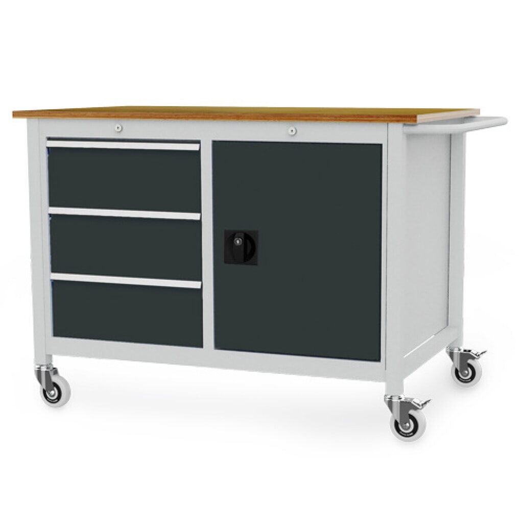 Produktabbildung: Bedrunka+Hirth Mobile Werkbank R 18-24, HxBxT 935 x 1.250 x 750 mm, lichtgrau, anthrazitgrau, 3 Schubladen 3x200 mm, 1 Flügeltür 1x600 mm