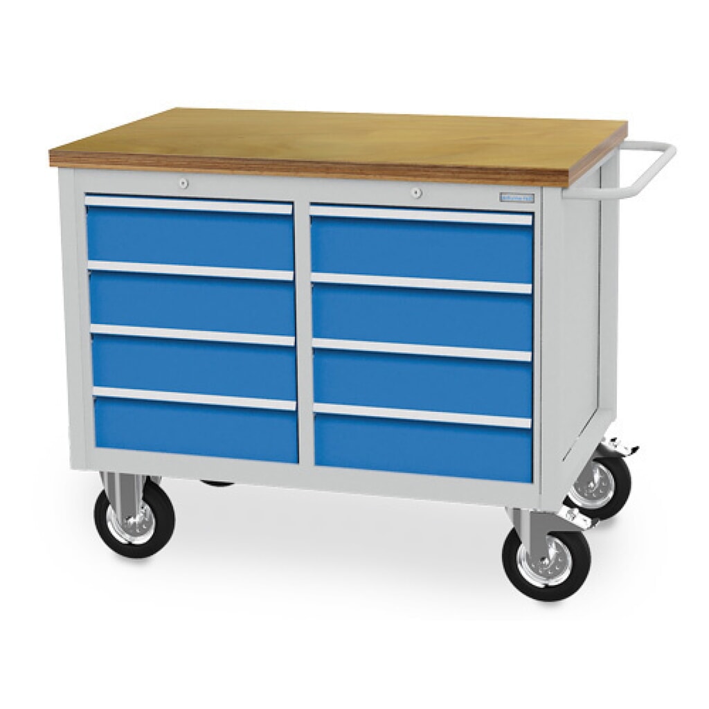 Produktabbildung: Bedrunka+Hirth Mobile Werkbank R 18-24, HxBxT 995 x 1.250 x 750 mm, lichtgrau, lichtblau, 8 Schubladen 8x150 mm