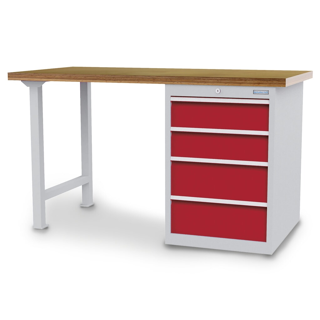 Bedrunka+Hirth Reihenwerkbank mit 4 Schubladen, TK 1.000 kg, HxBxT 859 x 1.500 x 600 mm, rubinrot Produktabbildung: Bedrunka+Hirth Reihenwerkbank mit 4 Schubladen, TK 1.000 kg, HxBxT 859 x 1.500 x 600 mm, rubinrot