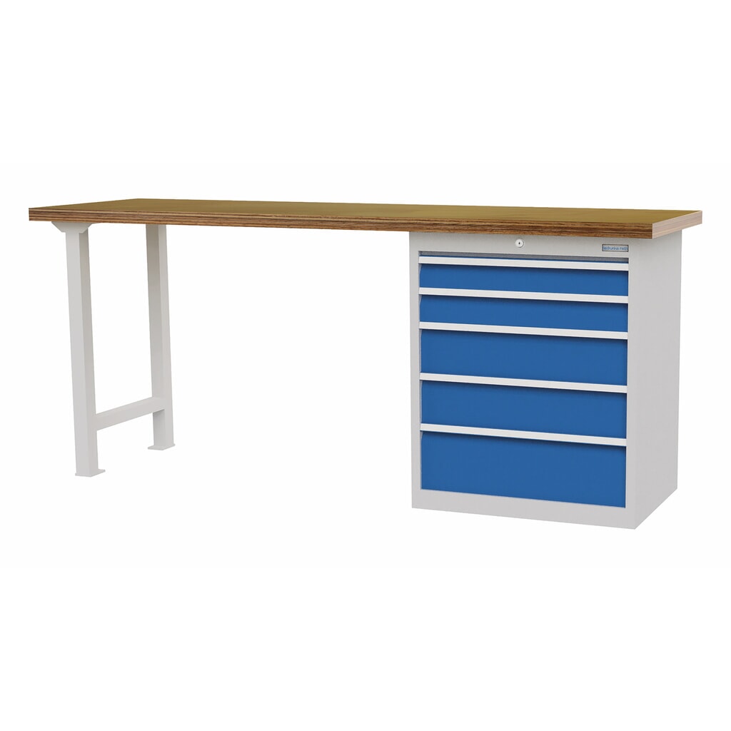 Produktabbildung: Bedrunka+Hirth Reihenwerkbank mit 5 Schubladen, TK 1.000 kg, HxBxT 859 x 2.000 x 600 mm, lichtblau