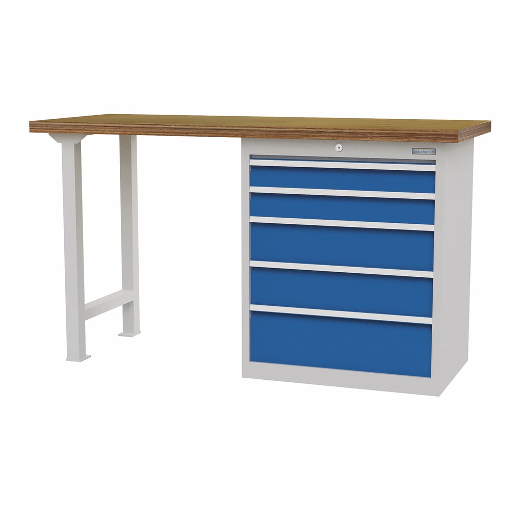 Produktabbildung: Bedrunka+Hirth Reihenwerkbank mit 5 Schubladen, TK 1.000 kg, HxBxT 859 x 1.500 x 600 mm, lichtblau