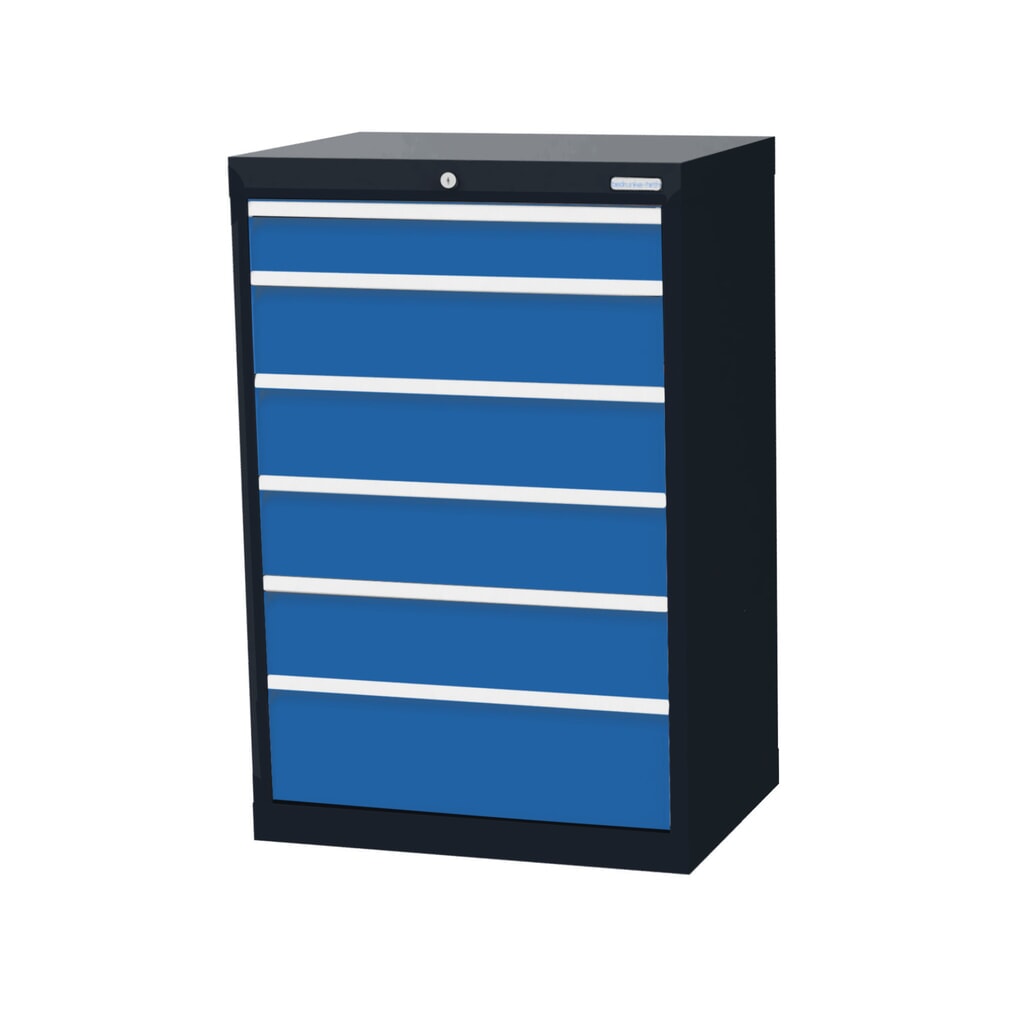 Produktabbildung: Bedrunka+Hirth Schubladenschrank Profi, Schubladen 1x100 + 4x150 + 1x200 mm, HxBxT 1.019 x 680 x 500 mm, anthrazitgrau/lichtblau