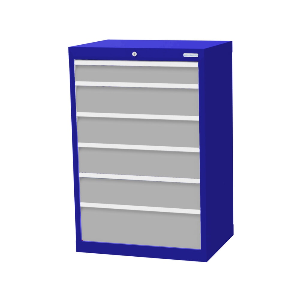 Produktabbildung: Bedrunka+Hirth Schubladenschrank Profi, Schubladen 1x100 + 4x150 + 1x200 mm, HxBxT 1.019 x 680 x 500 mm, enzianblau/lichtgrau