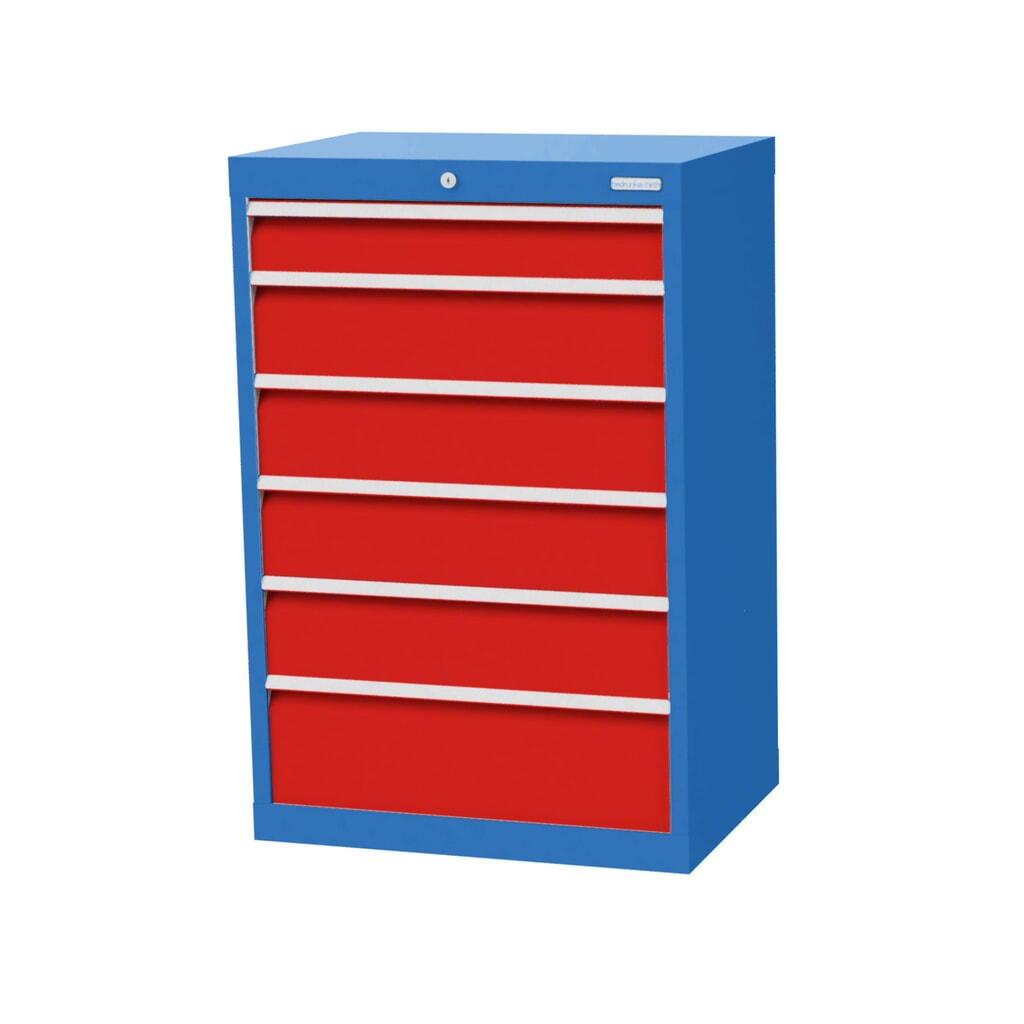Bedrunka+Hirth Schubladenschrank Profi, Schubladen 1x100 + 4x150 + 1x200 mm, HxBxT 1.019 x 680 x 500 mm, lichtblau/verkehrsrot Produktabbildung: Bedrunka+Hirth Schubladenschrank Profi, Schubladen 1x100 + 4x150 + 1x200 mm, HxBxT 1.019 x 680 x 500 mm, lichtblau/verkehrsrot
