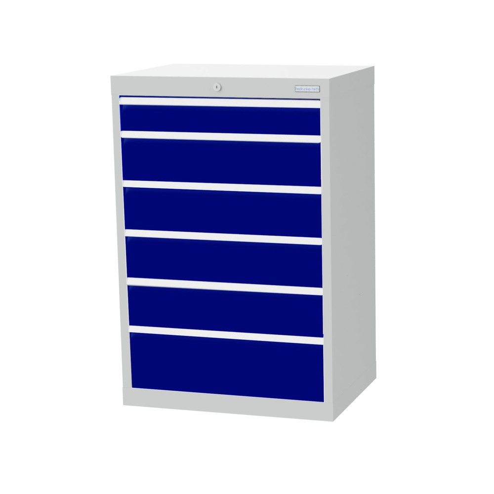 Produktabbildung: Bedrunka+Hirth Schubladenschrank Profi, Schubladen 1x100 + 4x150 + 1x200 mm, HxBxT 1.019 x 680 x 500 mm, lichtgrau/enzianblau