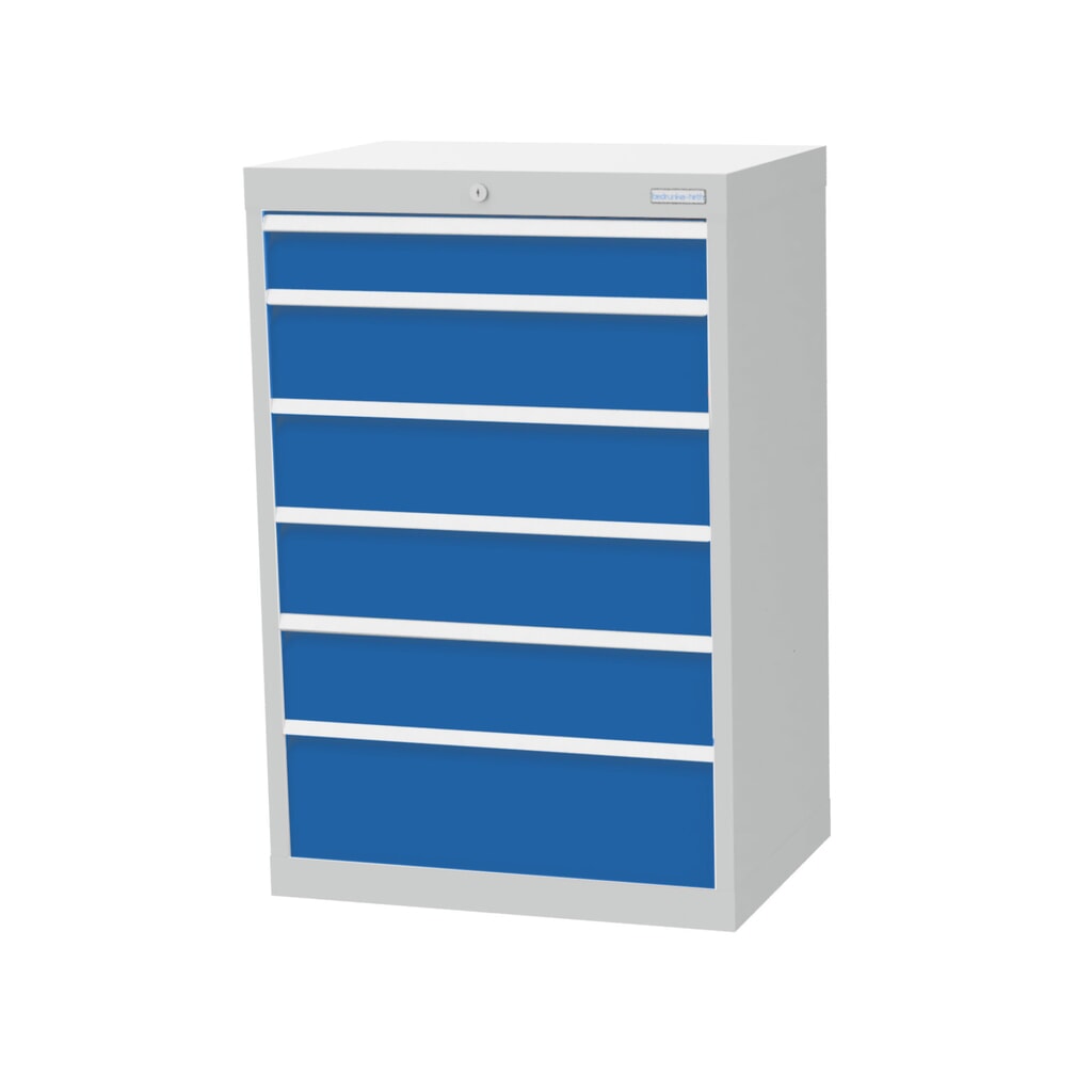 Produktabbildung: Bedrunka+Hirth Schubladenschrank Profi, Schubladen 1x100 + 4x150 + 1x200 mm, HxBxT 1.019 x 680 x 500 mm, lichtgrau/lichtblau