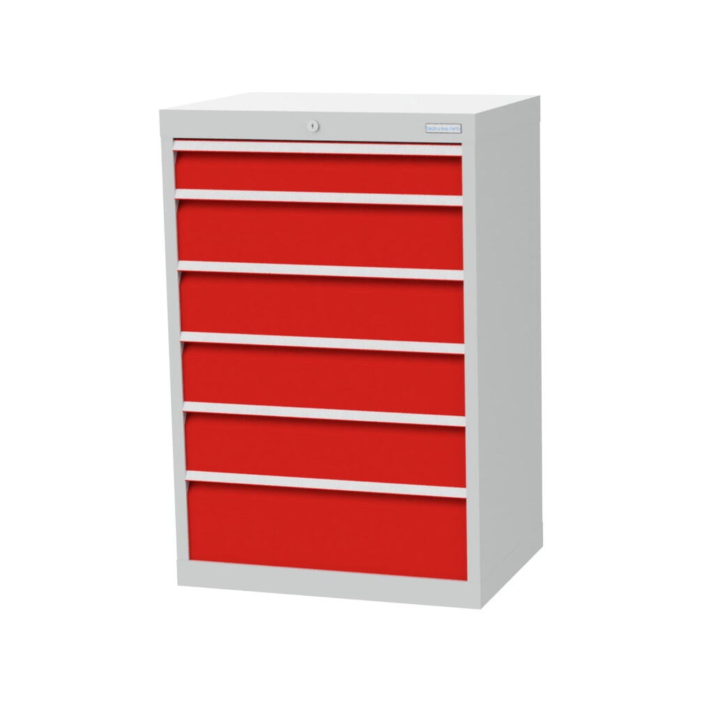 Produktabbildung: Bedrunka+Hirth Schubladenschrank Profi, Schubladen 1x100 + 4x150 + 1x200 mm, HxBxT 1.019 x 680 x 500 mm, lichtgrau/verkehrsrot