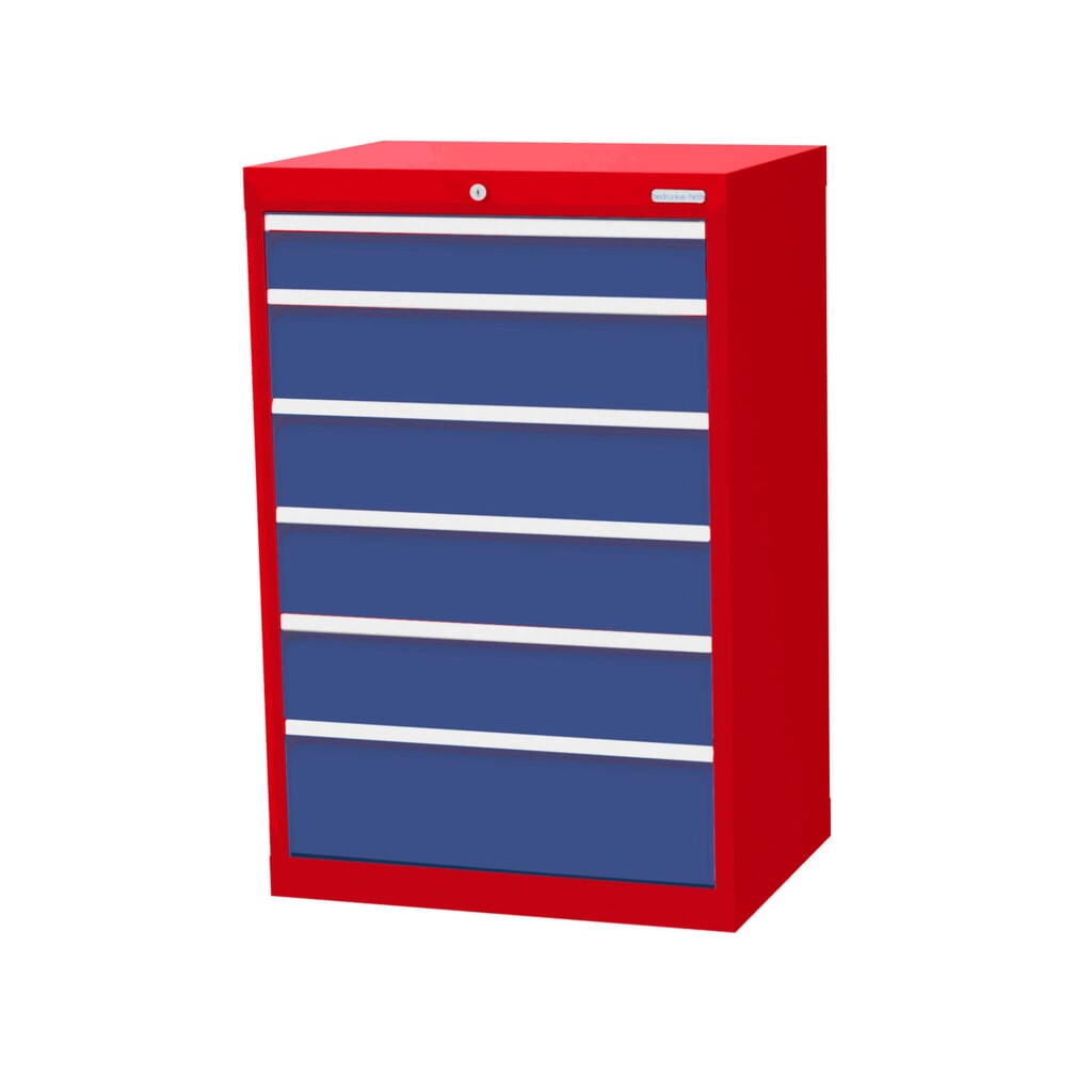 Produktabbildung: Bedrunka+Hirth Schubladenschrank Profi, Schubladen 1x100 + 4x150 + 1x200 mm, HxBxT 1.019 x 680 x 500 mm, verkehrsrot/lichtblau