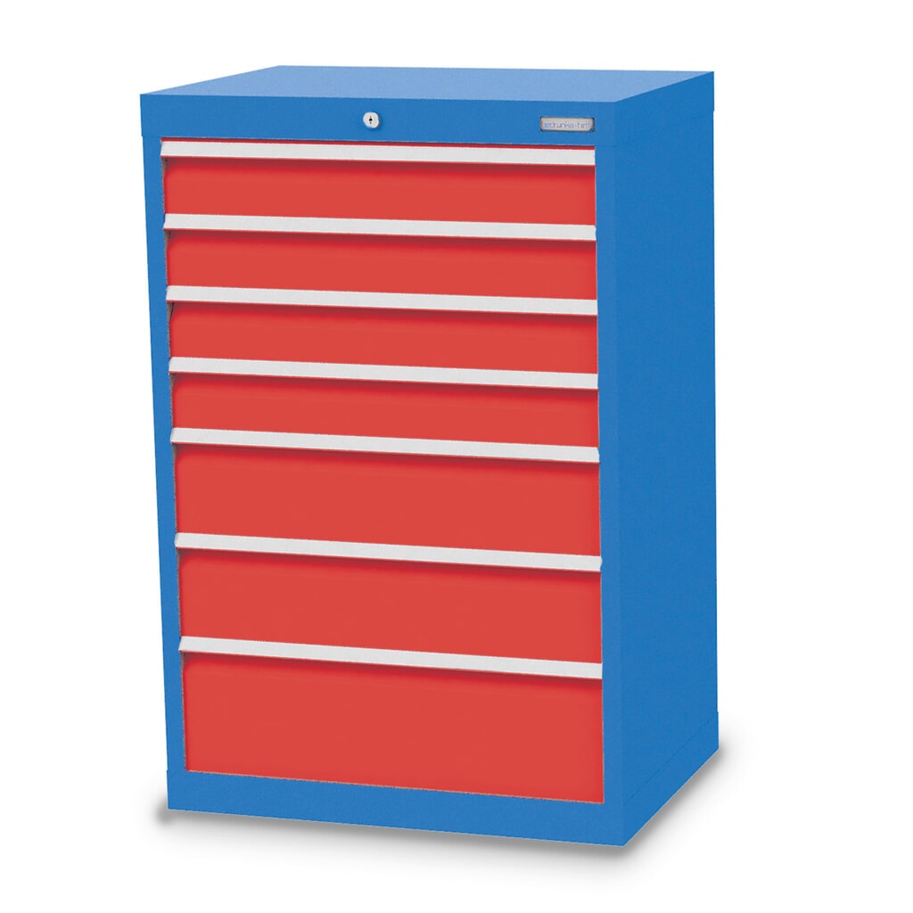 Bedrunka+Hirth Schubladenschrank Profi, Schubladen 4x100 + 2x150 + 1x200 mm, HxBxT 1.019 x 680 x 500 mm, lichtblau/verkehrsrot Produktabbildung: Bedrunka+Hirth Schubladenschrank Profi, Schubladen 4x100 + 2x150 + 1x200 mm, HxBxT 1.019 x 680 x 500 mm, lichtblau/verkehrsrot