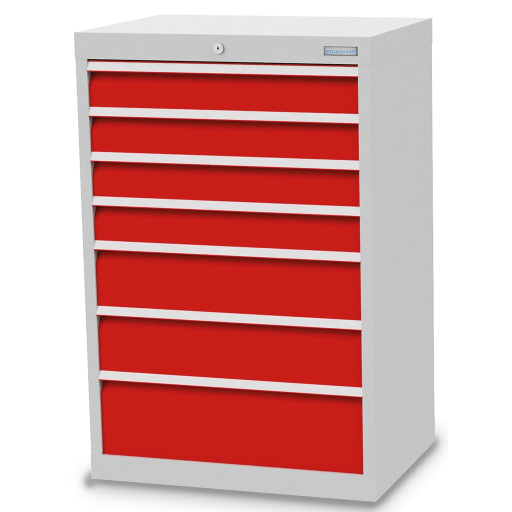 Bedrunka+Hirth Schubladenschrank Profi, Schubladen 4x100 + 2x150 + 1x200 mm, HxBxT 1.019 x 680 x 500 mm, lichtgrau/verkehrsrot Produktabbildung: Bedrunka+Hirth Schubladenschrank Profi, Schubladen 4x100 + 2x150 + 1x200 mm, HxBxT 1.019 x 680 x 500 mm, lichtgrau/verkehrsrot