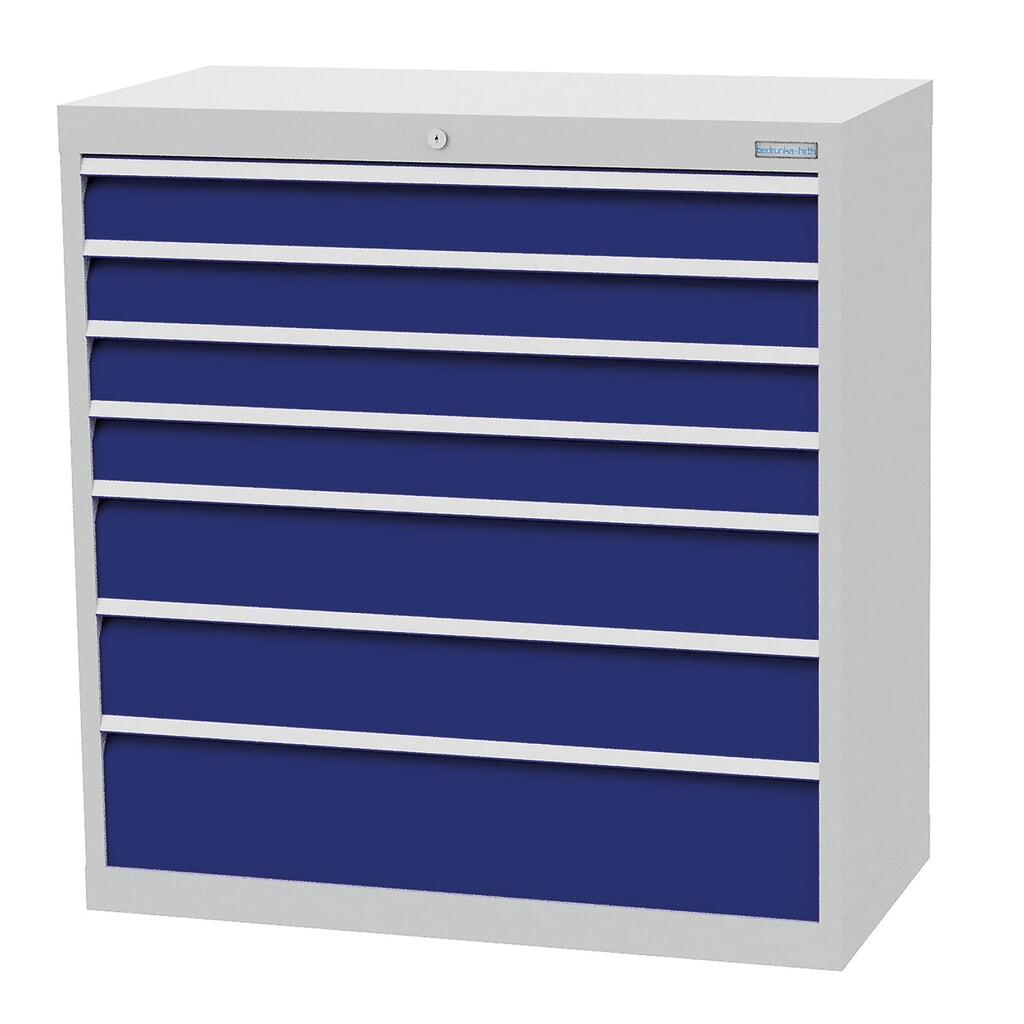 Bedrunka+Hirth Schubladenschrank Profi, Schubladen 4x100 + 2x150 + 1x200 mm, HxBxT 1.019 x 980 x 500 mm, lichtgrau/enzianblau Produktabbildung: Bedrunka+Hirth Schubladenschrank Profi, Schubladen 4x100 + 2x150 + 1x200 mm, HxBxT 1.019 x 980 x 500 mm, lichtgrau/enzianblau