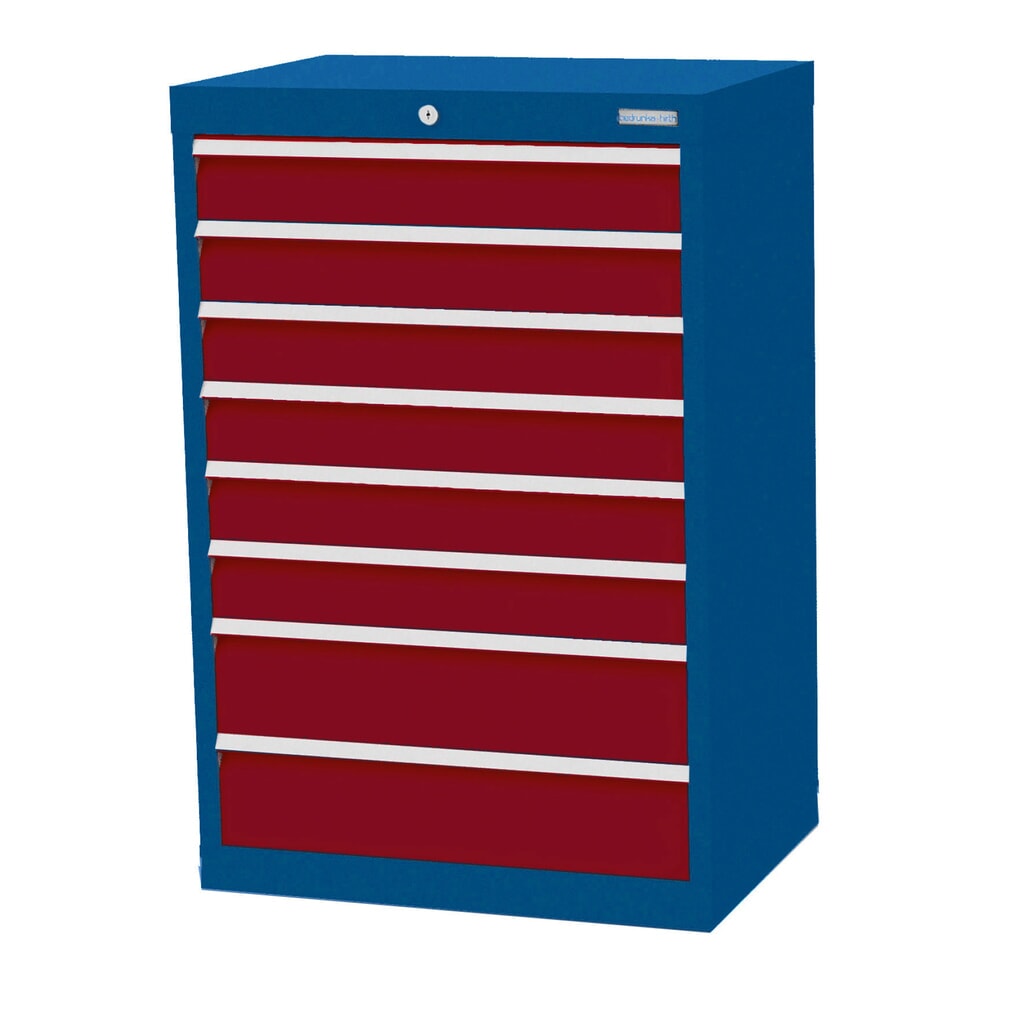 Bedrunka+Hirth Schubladenschrank Profi, Schubladen 6x100 + 2x150 mm, HxBxT 1.019 x 680 x 500 mm, enzianblau/rubinrot Produktabbildung: Bedrunka+Hirth Schubladenschrank Profi, Schubladen 6x100 + 2x150 mm, HxBxT 1.019 x 680 x 500 mm, enzianblau/rubinrot