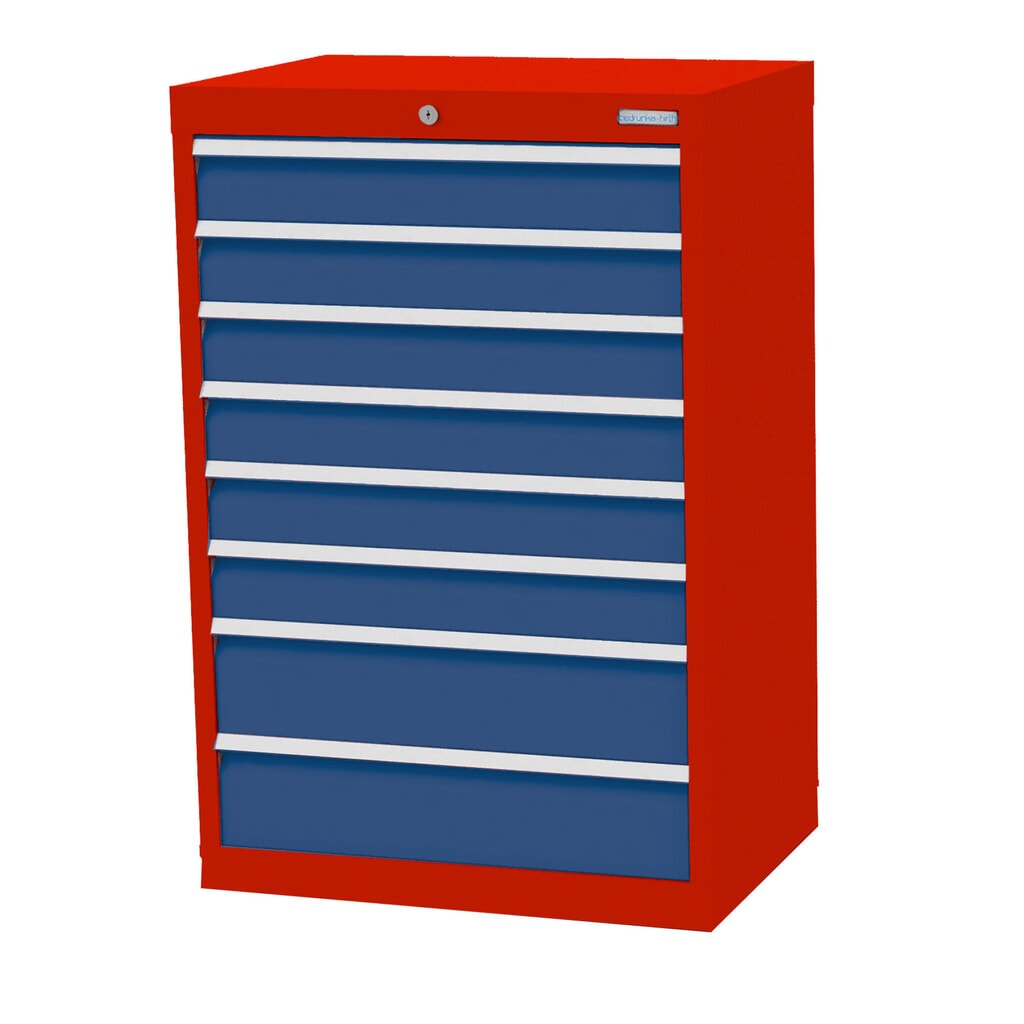 Bedrunka+Hirth Schubladenschrank Profi, Schubladen 6x100 + 2x150 mm, HxBxT 1.019 x 680 x 500 mm, verkehrsrot/enzianblau Produktabbildung: Bedrunka+Hirth Schubladenschrank Profi, Schubladen 6x100 + 2x150 mm, HxBxT 1.019 x 680 x 500 mm, verkehrsrot/enzianblau