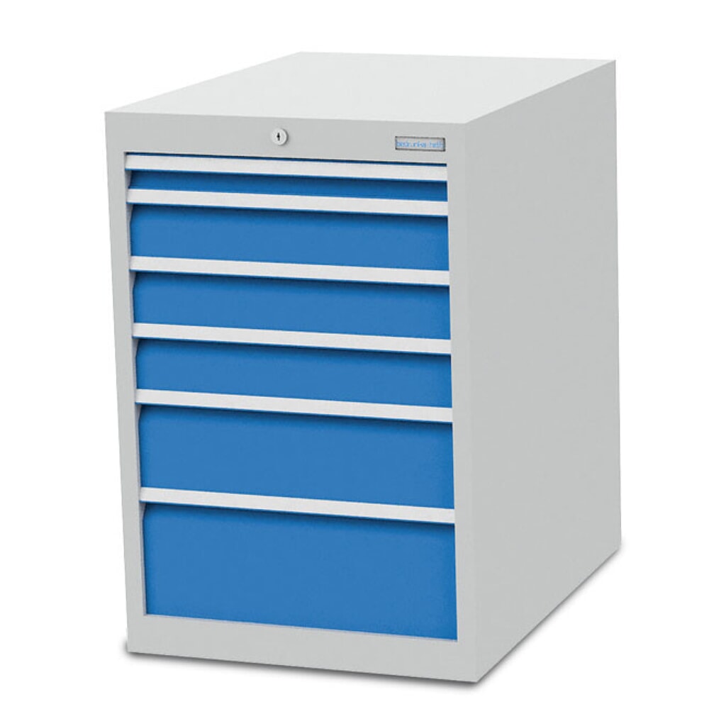 Produktabbildung: Bedrunka+Hirth Schubladenschrank R 18-24, HxBxT 819 x 555 x 736 mm, lichtgrau, lichtblau, 6 Schubladen 1x50 + 3x100 + 1x150 + 1x200 mm