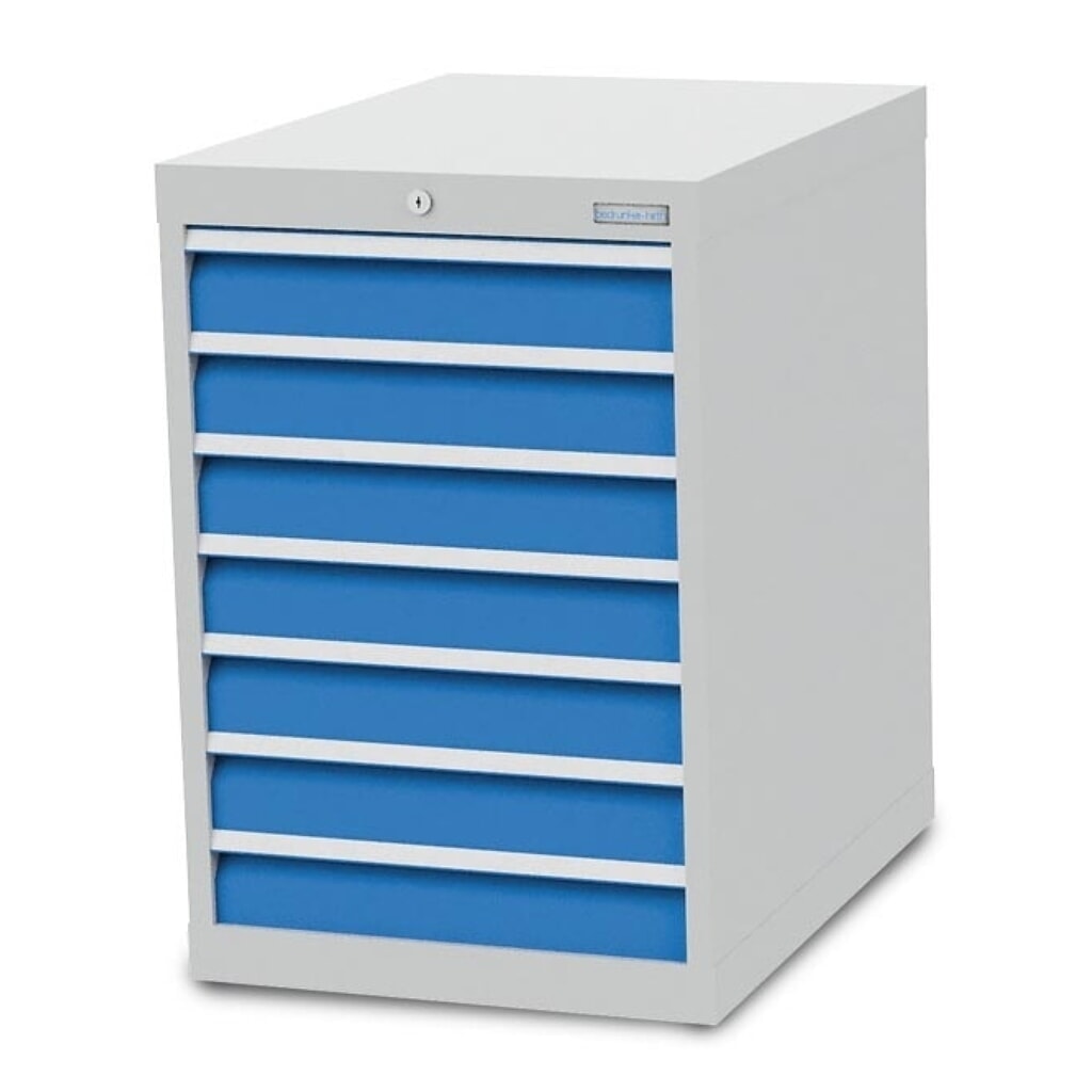 Bedrunka+Hirth Schubladenschrank R 18-24, HxBxT 819 x 555 x 736 mm, lichtgrau, lichtblau, 7 Schubladen 7x100 mm Produktabbildung: Bedrunka+Hirth Schubladenschrank R 18-24, HxBxT 819 x 555 x 736 mm, lichtgrau, lichtblau, 7 Schubladen 7x100 mm