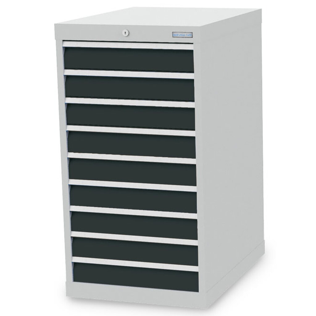 Bedrunka+Hirth Schubladenschrank R 18-24, HxBxT 1.019 x 555 x 736 mm, lichtgrau, anthrazitgrau, 9 Schubladen 9x100 mm Produktabbildung: Bedrunka+Hirth Schubladenschrank R 18-24, HxBxT 1.019 x 555 x 736 mm, lichtgrau, anthrazitgrau, 9 Schubladen 9x100 mm