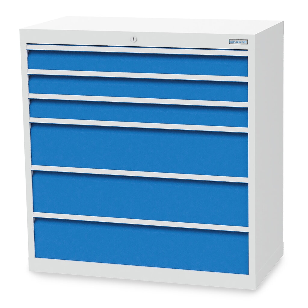 Bedrunka+Hirth Schubladenschrank R 36-16, HxBxT 1.019 x 980 x 500 mm, lichtgrau, lichtblau, 6 Schubladen 3x100 + 3x200 mm Produktabbildung: Bedrunka+Hirth Schubladenschrank R 36-16, HxBxT 1.019 x 980 x 500 mm, lichtgrau, lichtblau, 6 Schubladen 3x100 + 3x200 mm