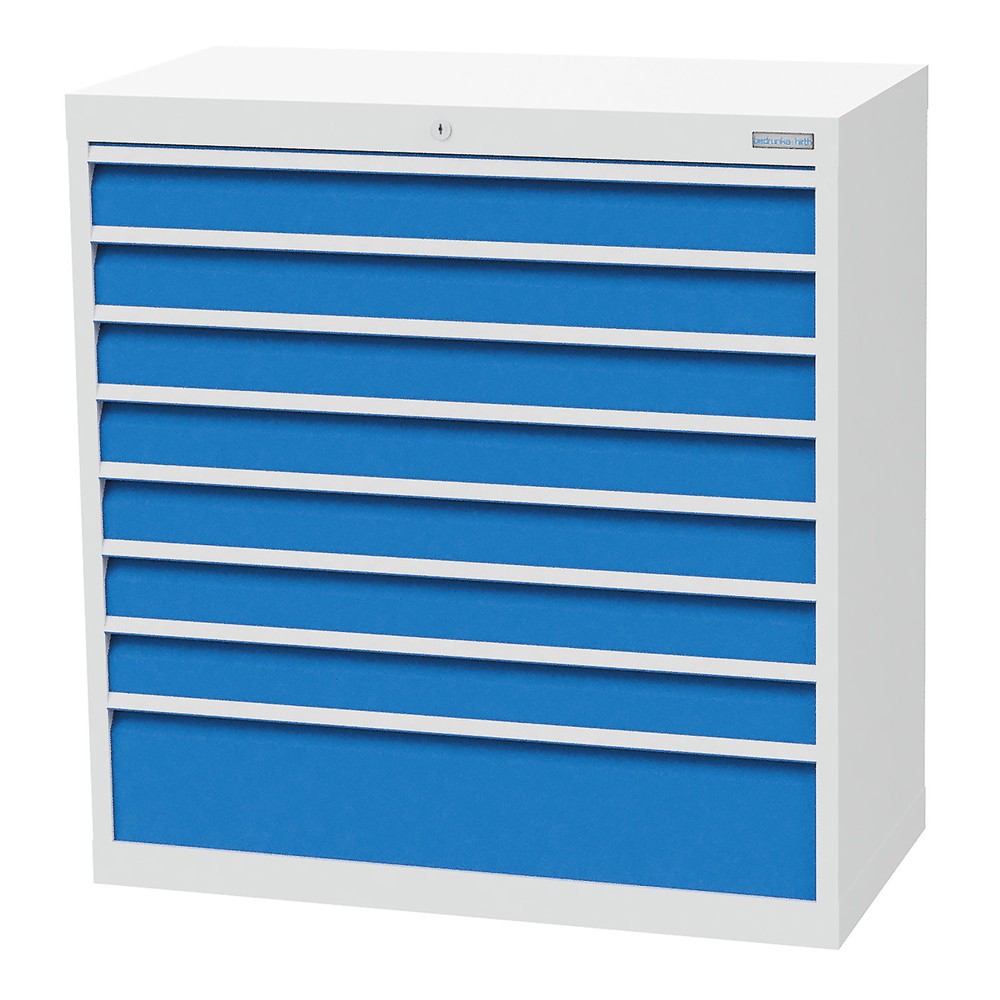 Produktabbildung: Bedrunka+Hirth Schubladenschrank R 36-16, HxBxT 1.019 x 980 x 500 mm, lichtgrau, lichtblau, 8 Schubladen 7x100 + 1x200 mm