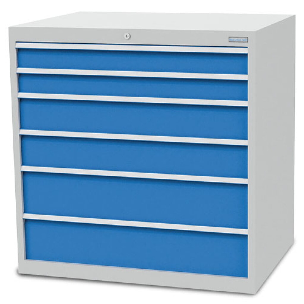 Produktabbildung: Bedrunka+Hirth Schubladenschrank R 36-24, HxBxT 1.019 x 1.005 x 736 mm, lichtgrau, lichtblau, 6 Schubladen 2x100 + 2x150 + 2x200 mm