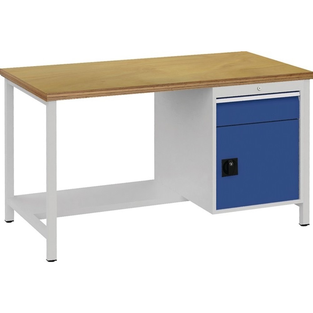 Produktabbildung: Bedrunka+Hirth Werkbank lichtgrau, RAL 7035 signalblau, RAL 5005, Buche Multiplex 40 mm, B1500xH859xT750 mm, 1 Schublade 1 Tür