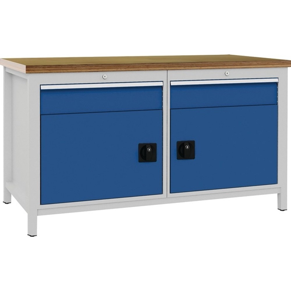 Produktabbildung: Bedrunka+Hirth Werkbank lichtgrau, RAL 7035 signalblau, RAL 5005, Buche Multiplex 40 mm, B1500xH859xT750 mm, 2 Schubladen 2 Türen