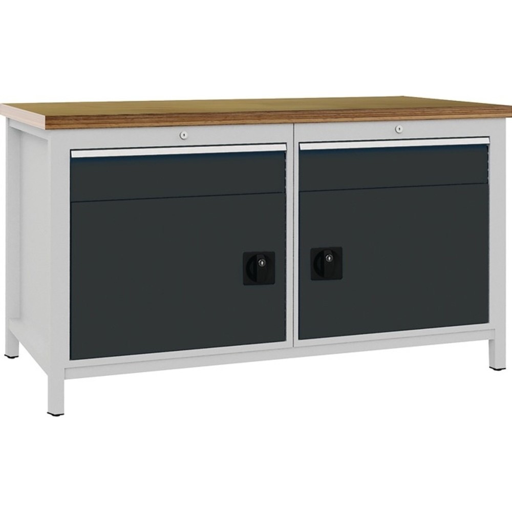 Produktabbildung: Bedrunka+Hirth Werkbank lichtgrau anthrazitgrau, Buche Multiplex 40 mm, B1500xH859xT750 mm, 2 Schubladen 2 Türen