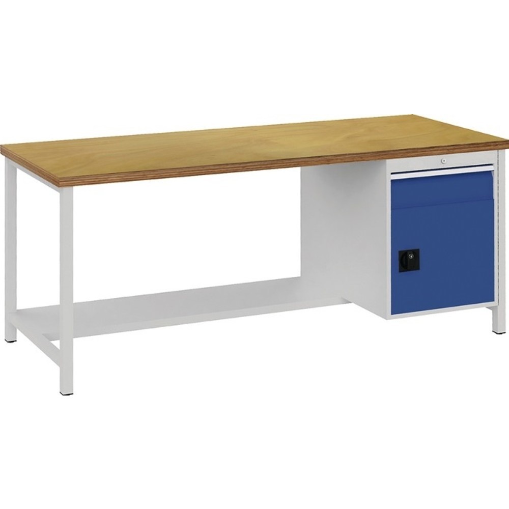 Produktabbildung: Bedrunka+Hirth Werkbank lichtgrau signalblau, Buche Multiplex 40 mm, B2000xH859xT750 mm, 1 Schublade 1 Tür