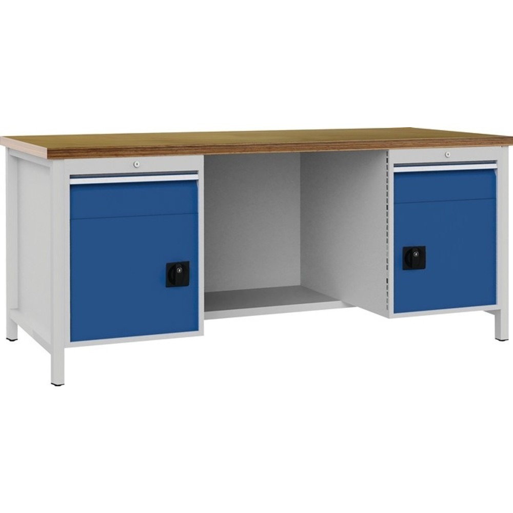 Produktabbildung: Bedrunka+Hirth Werkbank lichtgrau, RAL 7035 signalblau, RAL 5005, Buche Multiplex 40 mm, B2000xH859xT750 mm, 2 Schubladen 2 Türen