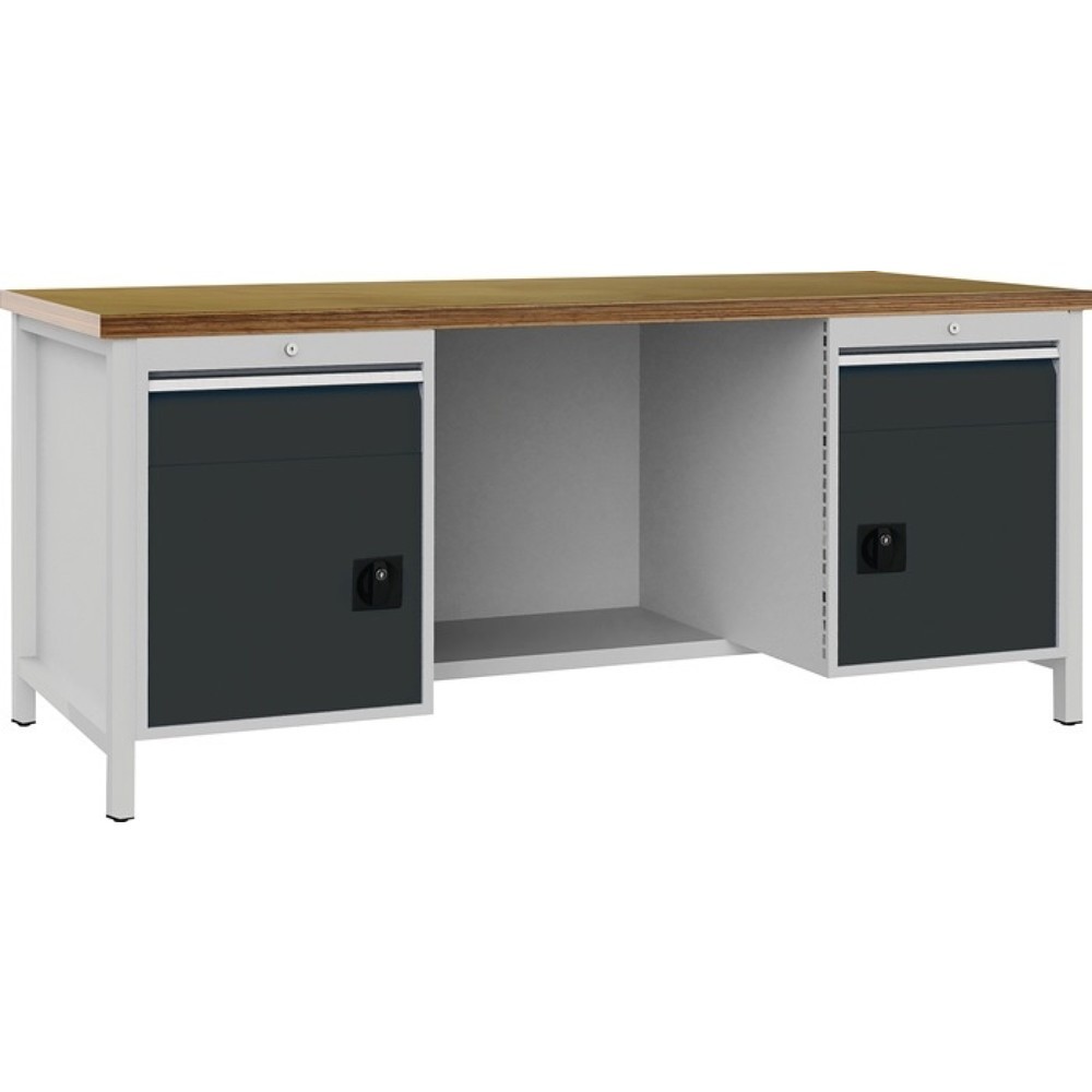 Produktabbildung: Bedrunka+Hirth Werkbank lichtgrau anthrazitgrau, Buche Multiplex 40 mm, B2000xH859xT750 mm, 2 Schubladen 2 Türen